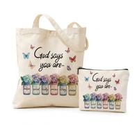 INCOHOIX God Says You Are Christian Tote Bag Set, Double Sided Print | Canvas Church Handbag With Lined Makeup Pouch, Inspirational Floral Bible Gift For Women, Colourful Church Carry Bag Gift