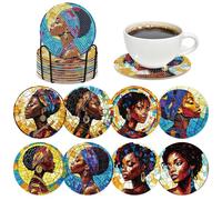 INCOK Black Woman Diamond Painting Coasters - 8 PCS DIY Colorful Glass Diamond Art Coasters Kits for Drinks Coffee Art Craft Supplies Birthday Holiday for African American Adult Beginners