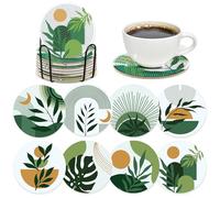 INCOK Boho Diamond Art Coasters - 8 Pcs DIY Green Plant Diamond Painting Coasters Kits with Holder for Drinks Coffee Aesthetic Gem Art Crafts Supplies Birthday Gift for Beginners Adults