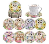 INCOK Diamond Painting Coasters Kit - 8 PCS Owl Diamond Art Kits for Adults Crafts Set for DIY Flower Coasters with Holder Table Home Decor Christmas Birthday Gift for Beginners Adult