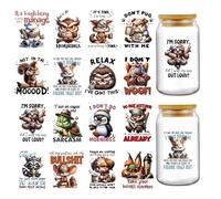 INCOK Rub on Transfers for Crafts - 16 Sheets Funny Animal UV DTF Cup Wraps for 16 oz Glass, Angry Mouse Cat Penguin Transfer Stickers DIY Waterproof Creative Decals Decor