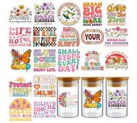 INCOK Rub on Transfers for Crafts - 20 Sheets Boho Inspirational Quotes UV DTF Cup Wraps for 16 oz Glass, Groovy Butterfly Flowers Mug Transfer Stickers DIY Waterproof Decals