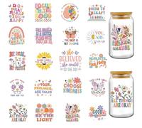 INCOK Rub on Transfers for Crafts - 20 Sheets Boho Mental Health UV DTF Stickers for 16 oz Water Goblet Motivational Sayings Glass Wrap, Bright Heartwarming Decals for Therapist Gifts