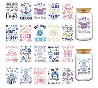 INCOK Rub on Transfers for Crafts - 20 Sheets Evil Eye UV DTF Cup Wrap for 16 oz Glass Coffee Mug, Devil Eyes Purple Butterfly Pattern Stickers Rub on Cup, Personalized Handmade Gift