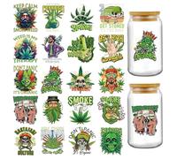 INCOK Rub on Transfers for Crafts - 20 Sheets Green Weed UV DTF Cup Wraps for 16 oz Glass, Rastafari Culture Skeleton Mug Transfer Stickers Waterproof DIY Decor Decals