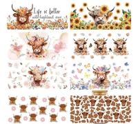 INCOK Rub on Transfers for Crafts - 8 Sheets Brown Highland Cow UV DTF Cup Wrap for 16 oz Glass Cartoon Cow Sunflower Uvdtf TumblersTransfers Stickers, DIY Cute Animal Decals Creative Gift