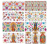 INCOK Rub on Transfers for Crafts - 8 Sheets Guadalupe Virgin Mary UV DTF Cup Wraps for 16 oz Glass, Guadalupe Floral Coffee Mug Transfer Sticker Catholicism Marigolds Decal Crafts