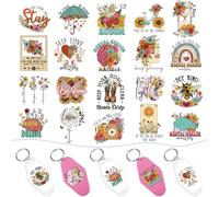 INCOK Rub on Transfers for Crafts - 8 Sheets Mental Health UV DTF Motel Keychain Stickers, Vintage Flowers Butterfly Blank Keychain Wrap Decal DIY Inspirational Therapist Gift