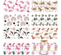 INCOK Rub on Transfers for Crafts - 8 Sheets Pink Cowgirl Boots Hats UV DTF Cup Wrap for 16 oz Water Goblet, Dairy Cow Horse Pattern Sticker for Libbey Cup DIY Creative Gifts for Girls