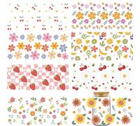 INCOK Rub on Transfers for Crafts - 8 Sheets Strawberry Sunflower Daisy Patterns UV DTF Cup Wrap for 16 oz Water Goblet, Colorful Floral Cherry Decal for DIY Crafts, Cute Girlfriend Gift