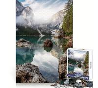 Incredible Nature Landscape. Braies Lake in Dolomites Mountains with Morning Fo Jigsaw Puzzles 1000 Pieces for Adults Logic Fun Real Thick Playful Challenge Night Activity (38x26cm)