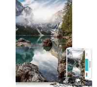 Incredible Nature Landscape. Braies Lake in Dolomites Mountains with Morning Fo Jigsaw Puzzles 1000 Pieces for Adults Logic Fun Real Thick Playful Challenge Night Activity (38x26cm)