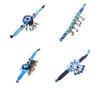 Increfunhome Traditional Bai Ethnic Handcrafted Bracelet Set, Blue Floral Design with Beads, Tie-dye Fabric, 4 Pieces (TDB-0002)