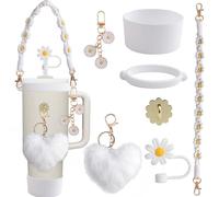 INCREWAY 7PCS Daisy Water Cup Accessories Decorative Sports Water Bottles Including Hand-Knitted Handle Strap, Silicone Cup Boot, Key Chain, Straw Cover, Pom-pom Ball (White)