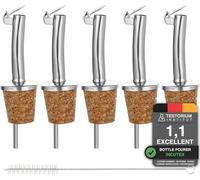 Incutex 5x Bottle Pourers and 1x Cleaning Brush, Cork Pourer with Stainless Steel Lid, Drizzler, Oil Stopper, Bottle Spouts, Spirits Wine Liqueur Vinegar Pourer