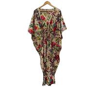INDACORIFY 100% Cotton Kaftan Dress, Floral Printed Women's Robe, Handmade Indian Long Kaftan Suit, Beautiful Beach, One Size