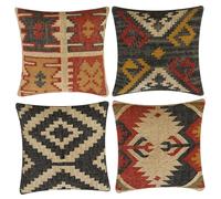 INDACORIFY 4 Piece Set Wool Burlap Kilim Cushion Cover Vintage Handwoven Turkish Pillowcase Decorative Throw (Style-17)