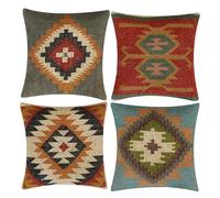 INDACORIFY 4 Piece Set Wool Burlap Kilim Cushion Cover Vintage Handwoven Turkish Pillowcase Decorative Throw (Style-09)