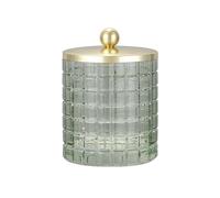 Indecor Home Glass Jar with Metal Lid for Bathroom Organization, Clear Apothecary Jar for Cotton Balls, Q-Tips, and Small Accessories, Stylish Bathroom Storage Container - Sage Green/Gold