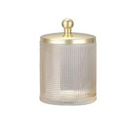 Indecor Home Tan Colored Tranlucent Apothecary Ribbed Geometric Etched Glass Jar W/Gold Metal Lid Cover for Bathroom Organization, Cotton Balls, Q Tips, and Small Accessories, Bathroom Storage