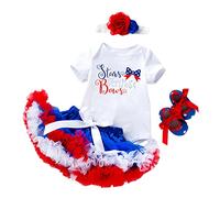 Independence Day 4 Piece Girls Outfits Cute Baby Clothes Short Sleeve Letter Prints Romper Skirt Headband Shoes Bodysuit Clothes Set Infant Leisure Summer Outfits Wedding Party (Red, 0-3 Months)