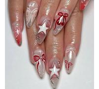 Independence Day Acrylic Press On Nails Almond Shape False Bows Star And Rhinestones Design 24Pcs Stick On Fashionable Nail Design