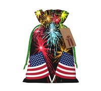 Independence Day America Flag Fireworks Printed Christmas Drawstring Bags with Green Christmas Ribbon - Reusable Burlap Drawstring Gift Pouches, S