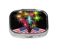 (Independence Day America Flag Fireworks) Square Pill Box with 2 Compartment Small Pill Organizer Portable Pill Case Vitamin Containers, Travel Essentials 5.5x4x1.8 cm