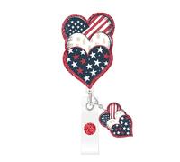 Independence Day Badge Reel Retractable,USA 250th Anniversary Badge Holder with Heart Pendant Glitter Designs Acrylic Alligator Clip Badge Reels for Nurse Doctor Medical Worker Nursing Student