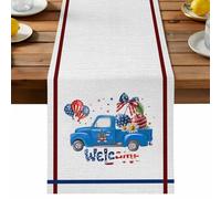 Independence Day Blue Truck Table Runner, Welcome Red Blue Star Balloon Bow Cherry Cotton and Table Linen Runner for Kitchen Dining Home Decor for Party Festival Holiday Decoration Gift 13x48in