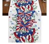 Independence Day Butterfly Table Runner, Country American Flag Butterfly Star Green Leaf Cotton and Table Linen Runner for Kitchen Dining Home Decor for Party Festival Holiday Decoration Gift 13x70in