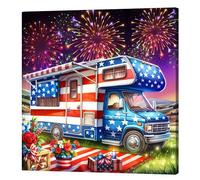 Independence Day Campervan DIY Round Drill Diamond Painting Kit with Frame 25x25cm Diamond Dots Paintings Picture Arts Craft for Adults Beginners Home Decor