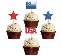 Independence Day Cupcake Toppers - Love USA Cupcake Decor/Patriotic Party Decor - God Bless USA Decorations American Party Cupcake Toppers 24 Pcs Glitter