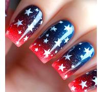 Independence Day False Nails 4th of July Medium Press on Nails Star Coffin Acrylic Stick on Nail Glossy Gradient Full Cover Fake Nail Reusable for Women 24Pcs