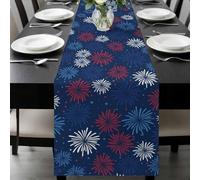 Independence Day Firework Table Runner 13x120 Inches Long Modern Red Blue White Fireworks Star Cotton Linen Table Runner Burlap Style for Dinner Table Party Decor Tabletop Decorations