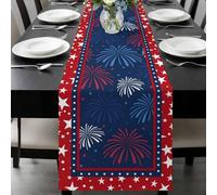 Independence Day Firework Table Runner 16x72 Inches Long Modern Red Blue White Fireworks Star Red Cotton Linen Table Runner Burlap Style for Dinner Table Party Decor Tabletop Decorations