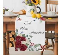 Independence Day Floral Star Table Runner 70 Inches Long,Table Runners Kitchen Dining Tables Decoration God Bless America Quote Tables Runner for Home Party Wedding Dresser Scarf
