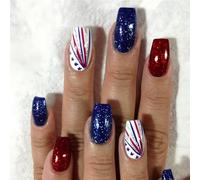 Independence Day Glitter Fake Nails Set 24 Pcs Almond Press Manicure Decor Artificial Stick Nail Accessories