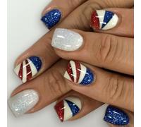 Independence Day Glitters False Nails Set 24pcs Short Square Press on Manicure Decors Artificial Stick on Full Covers