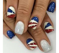 Independence Day Glitters False Nails Set 24pcs Short Square Press on Nails Manicure Decors Artificial Stick on Nails