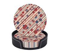 Independence Day Khaki Red Blue Polka Dot Premium Leather Coasters - Set of 6 with Holder, Stylish Beverage Coasters for Kitchen, Coffee and Home Decor