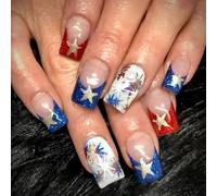 Independence Day Press On Nails French Tip Fake Nails 4th Of July Patriotic False Nails Full Covers Design Acrylic Nails