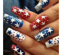 Independence Day Press On Nails French Tips Fake 4th Of July Patriotic False Full Covers Acrylic Artificial False Nail