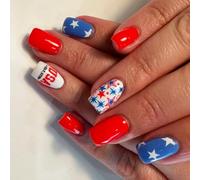 Independence Day Press On Nails French Tips Fake Nails 4th Of July Patriotic False Full Covers Acrylic Glues On Nail