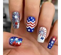 Independence Day Press On Nails French Tips Fake Nails 4th Of July Patriotic False Nails Full Covers Acrylic Nails