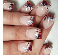 Independence Day Press On Nails French Tips Fake Nails 4th Of July Patriotic False Nails Full Covers Acrylic Nails