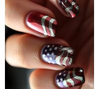 Independence Day Press On Nails With Star And Stripes Designs Glitters Artificial 4th Of July False 24Pcs Party Ready Nail