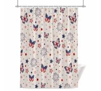 Independence Day Shower Curtain for Bathroom, America Flag Butterfly Stars Linen Texture Waterproof Cloth Fabric Bathroom Accessories Set with 12 Rust Proof Plastic Hooks, 36” x 78”