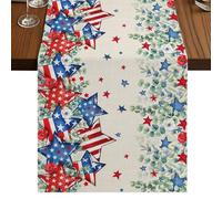 Independence Day Star Table Runner, Farm Red Blue White Star Green Leaf Flower Linen Cotton and Table Linen Runner for Kitchen Dining Home Decor for Party Festival Holiday Decoration Gift 13x90in