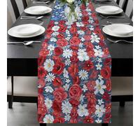 Independence Day Table Runner 13x108 Inches Long Patriotic U.S. Flag Style Blue Red Flowers Cotton Linen Table Runner Burlap Style for Dinner Table Party Decor Tabletop Decorations